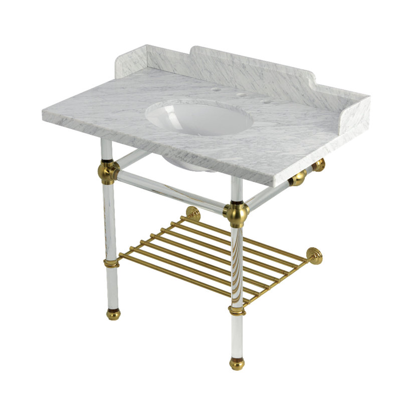 Kingston Brass Pemberton 36-Inch Carrara Marble Console Sink with Acrylic Legs and Shelf (8-Inch, 3-Hole), Brushed Brass