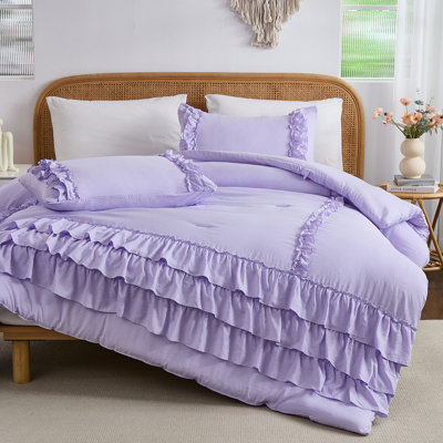 Light Purple Comforter Set Queen Size,Waterfall Ruffle Farmhouse Bedding Sets,Soft Fluffy Boho Comforters Sets for All Season,Vintage Ruffled 3 Pcs Lightweight Quilt Set for Women 