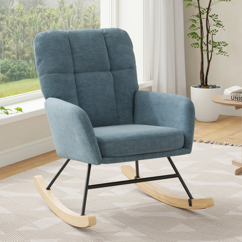 Chaise berçante moderne, chaise berçante texturée avec base en bois massif, Bleu