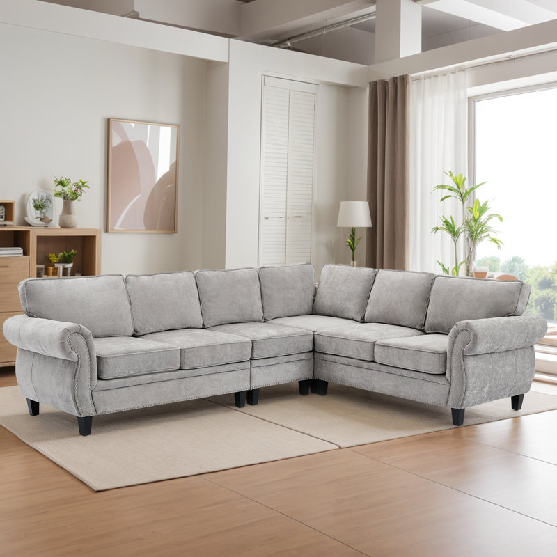 Canapé modulaire d'angle en L, Chenille gris pâle