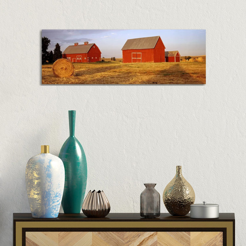 Red Barns In A Farm, Palouse, Whitman County, Washington State, USA - Wrapped Canvas Panoramic Print