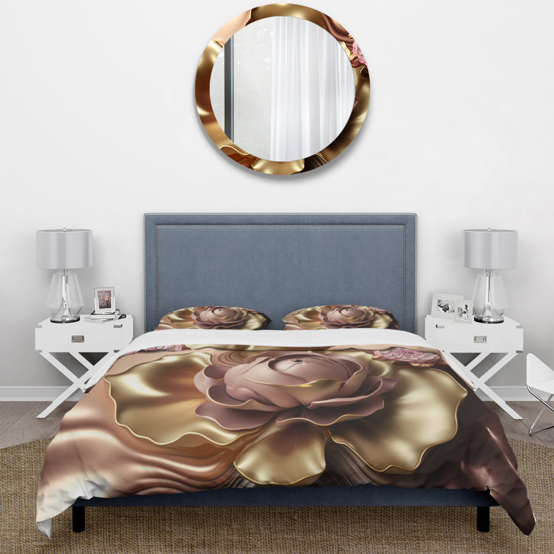Ensemble de housse de couette en microfibre / polyester rétro, rétro, fleurs roses et or I