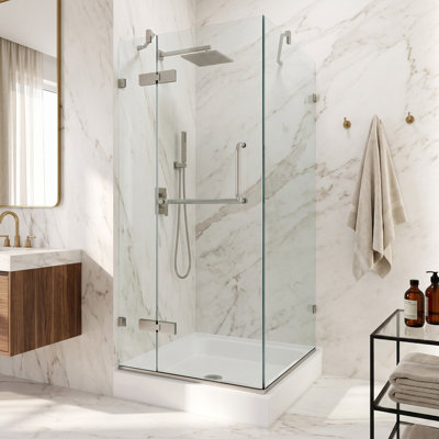 Cabine de douche à charnière sans cadre de l 36 po x P 36 po x H 79 po avec verre transparent 3/8 et base Monteray
