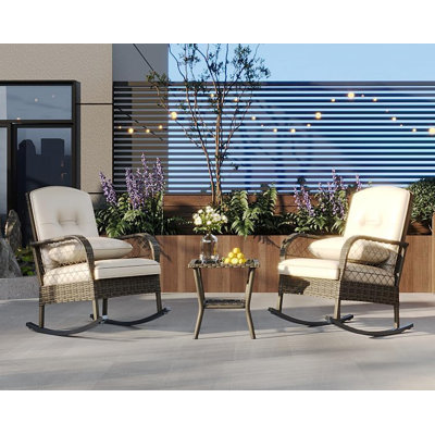 Set of 2 Handmade PE Rattan Rocking Chairs, Weather Resistant Patio Rockers with Cushions & Rust-Resistant Metal Frame, Ergonomic Armrest, For Porch, Balcony, Garden