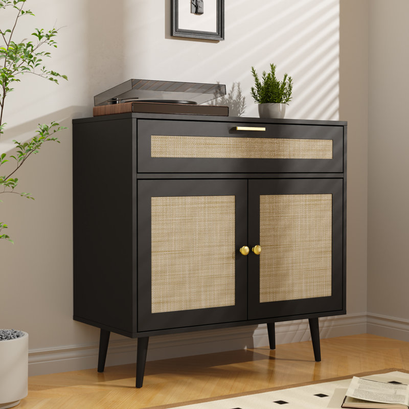 Rattan Sideboard Buffet, Boho Kitchen Cabinet With Drawer & 2 Doors, Modern Mid Century Accent Cabinet With Adjustable Shelf, Coffee Bar For Living Room, Entryway, Kitchen, Black
