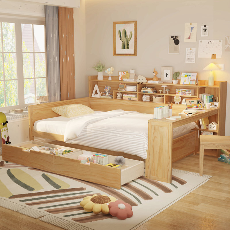 Lit de jour double en bois avec tablettes de rangement, lit multifonctionnel avec deux tiroirs de rangement et bureau d'étude