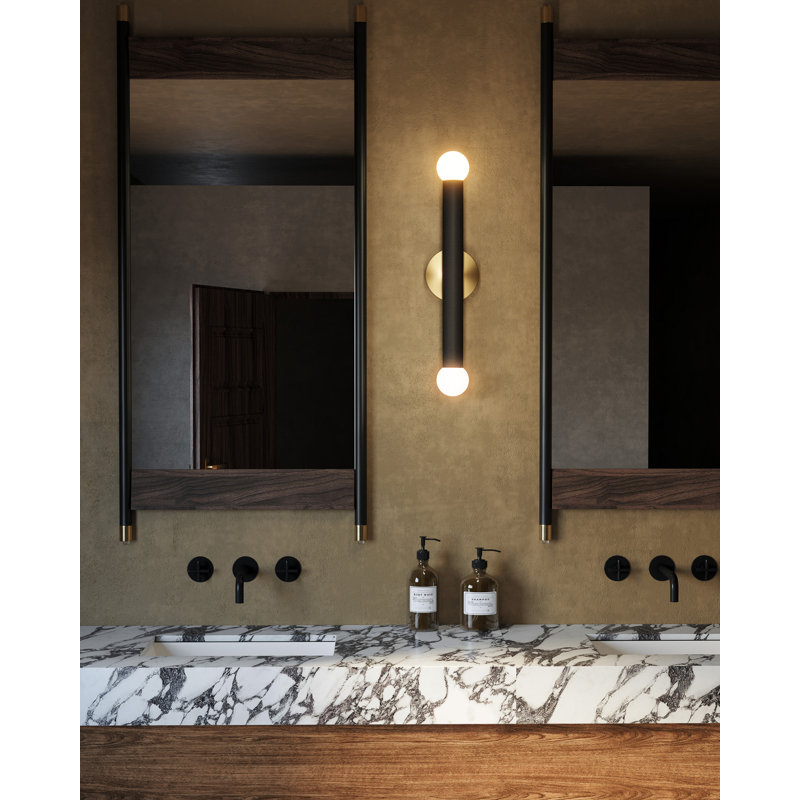 2 - Light LED Vanity Light, Brushed Gold/Black Vegan Leather