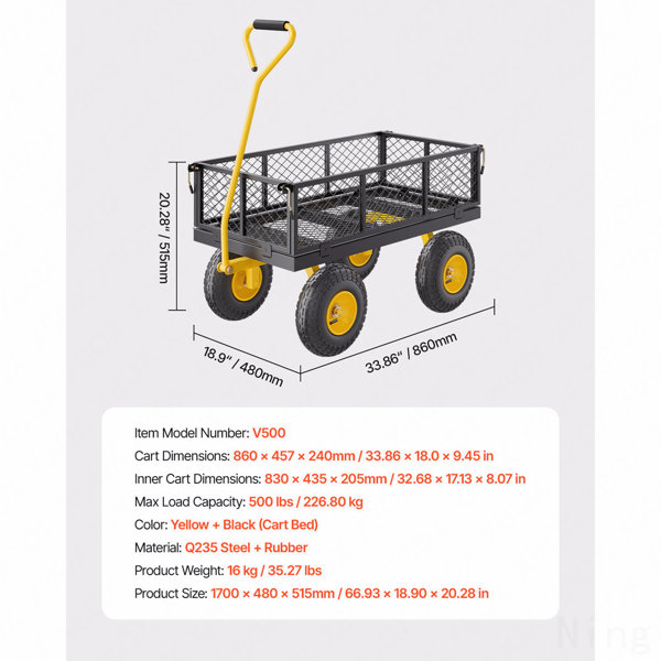 Ning 500 Lbs Steel Garden Cart, Heavy Duty Pullable Cart With Wheels ...