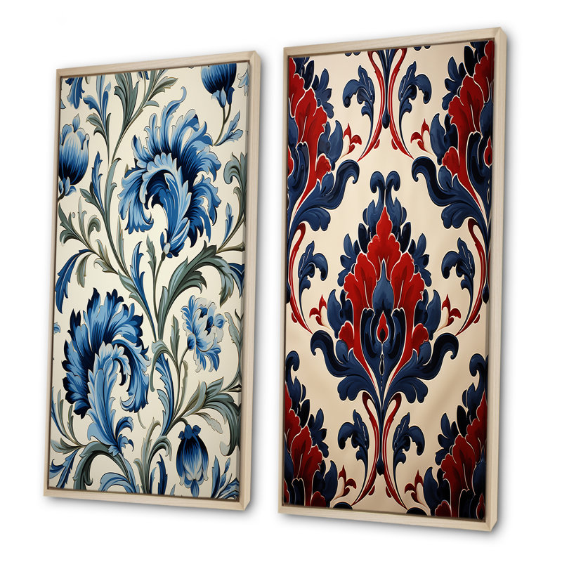 Floral Blue Turkish Tiles II - ensemble de 2 impressions sur toile florales abstraites, Cadre flottant brun