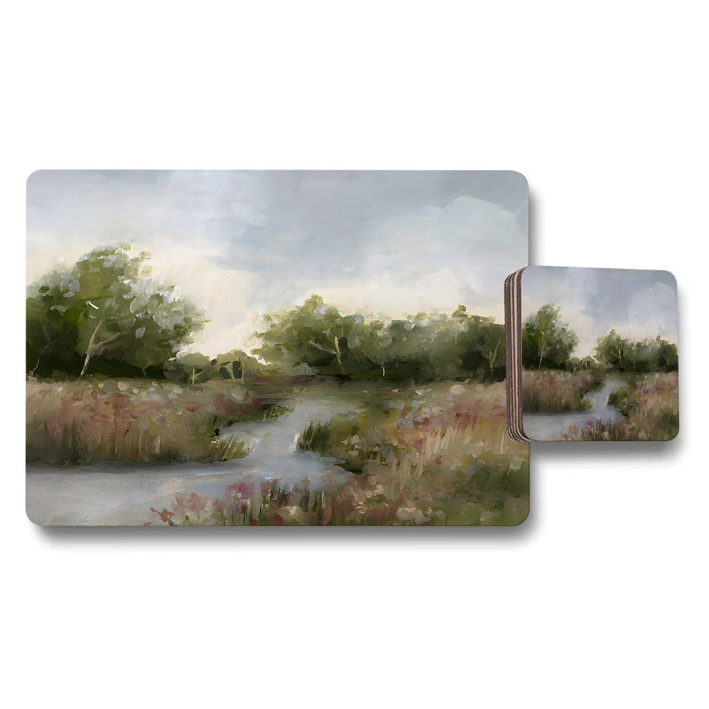 Nature Landscape Placemats And Coasters Set With Meadow River Scene