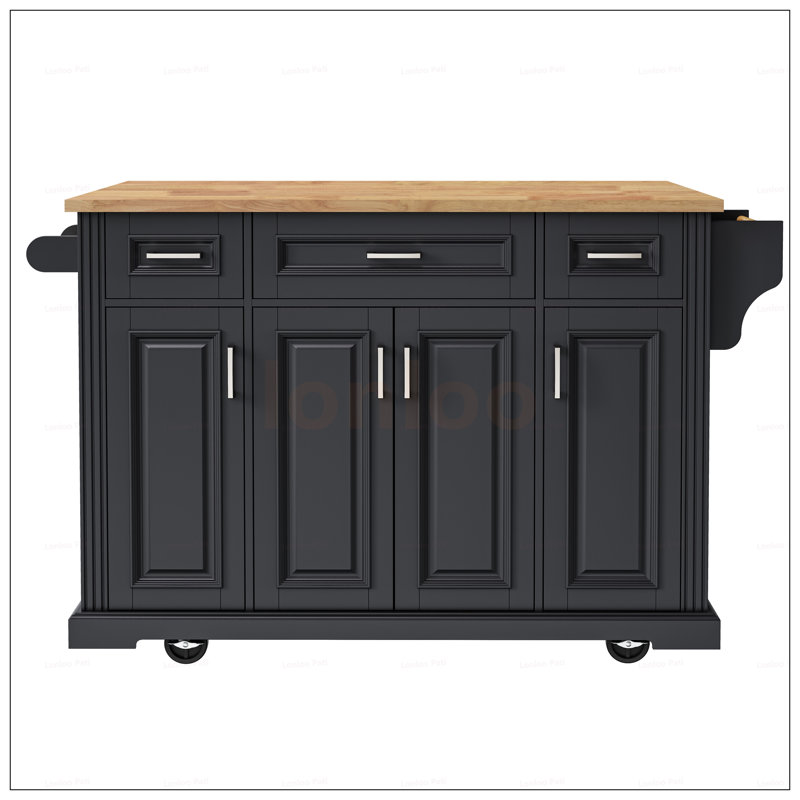 Large Kitchen Island With Rubber Wood Drop Leaf, Embossed Texture, And Ample Storage On Wheels For Modern Kitchens, Black