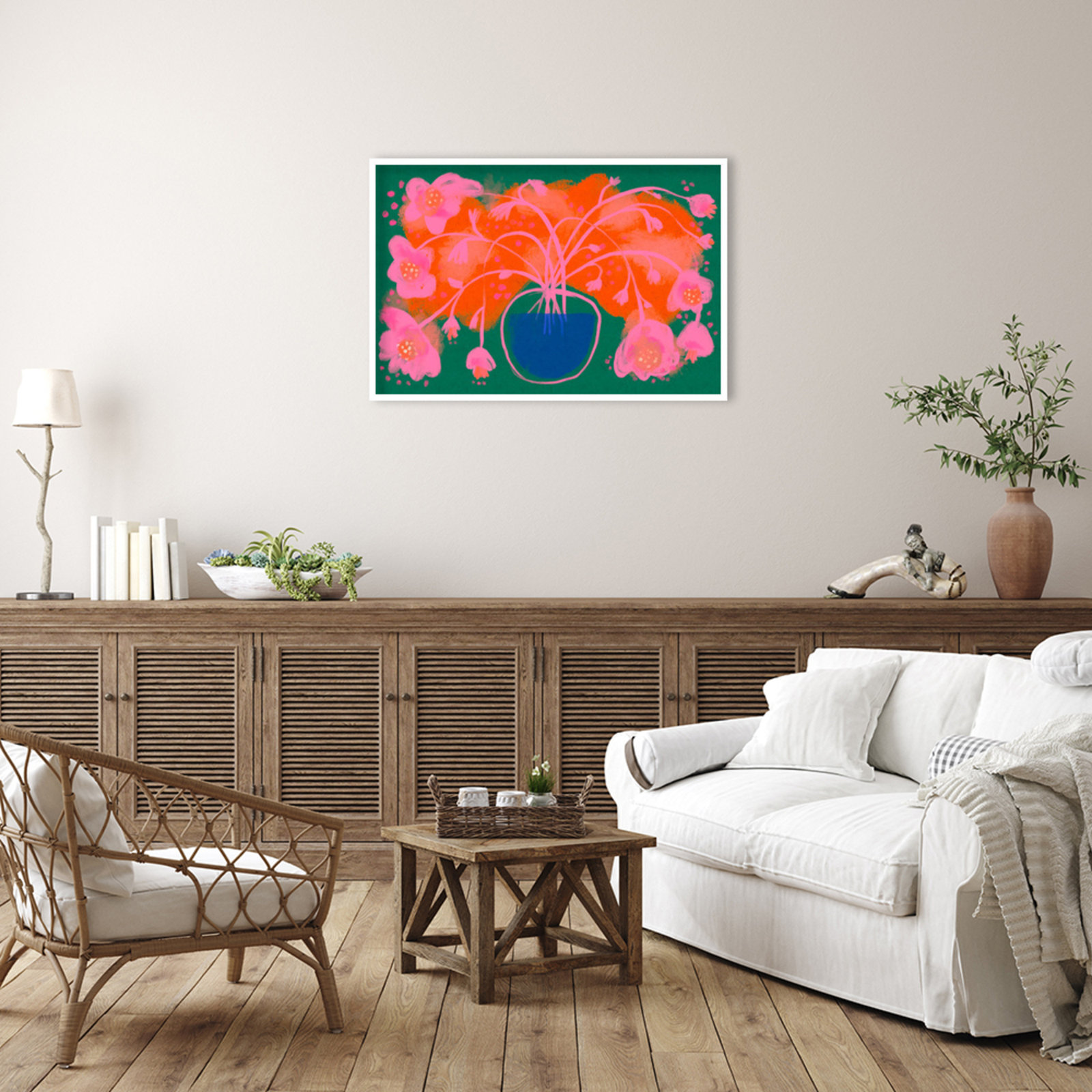 Galya "Pink Flower Bouquet" Print, White, 28" H x 41" W