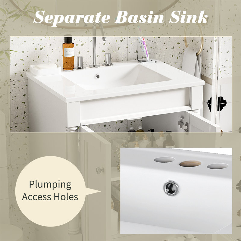 Meuble-lavabo autoportant de 24 po de largeur avec lavabo en céramique et armoire à fermeture douce, Blanc, Argent argent