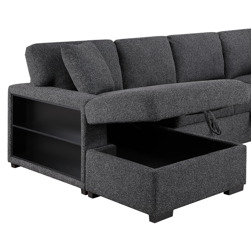 4 Pieces 108" Sleeper Sectional U Shaped Modular Sofa Bed With Storage Space, Dark Gray Cotton Blend