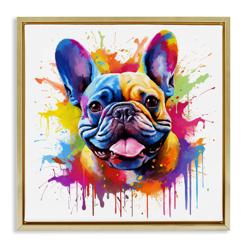 Bouledogue français moderne, Cadre flottant métallique doré, H 25 po x l 25 po