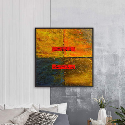 «Red Color Blocks On», toile de fond texturée jaune, formes géométriques, art moderne dramatique foncé, impression sur toile