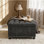 Repose-pieds avec rangement, repose-pieds capitonné, repose-pieds à garniture cloutée, repose-pieds carré avec rangement, table basse rembourrée, rangement dans la chambre à coucher, décoration de salon, repose-pieds gris foncé, petit mobilier, décoration intérieure.