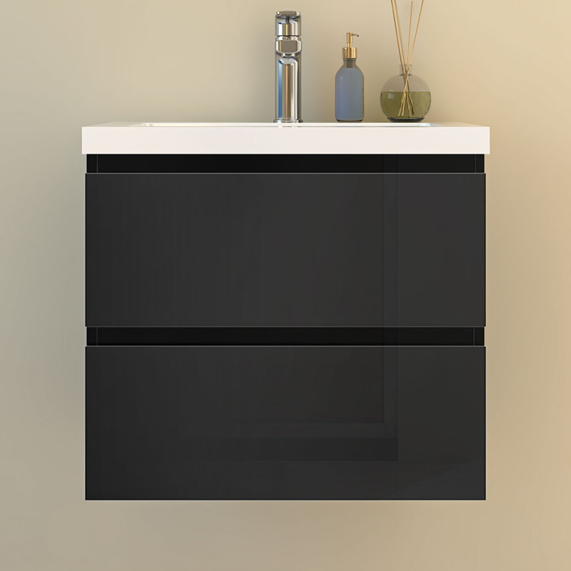 Glossy Vanity Unit,Wall Mounted,Detachable,Soft Close,Two-Drawer+Basin, Black
