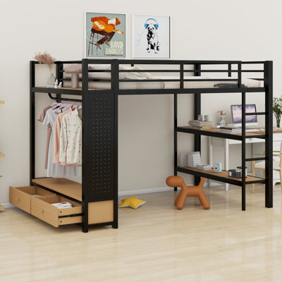 Loft Bed With Wardrobe,Storage Shelves And Pegboard