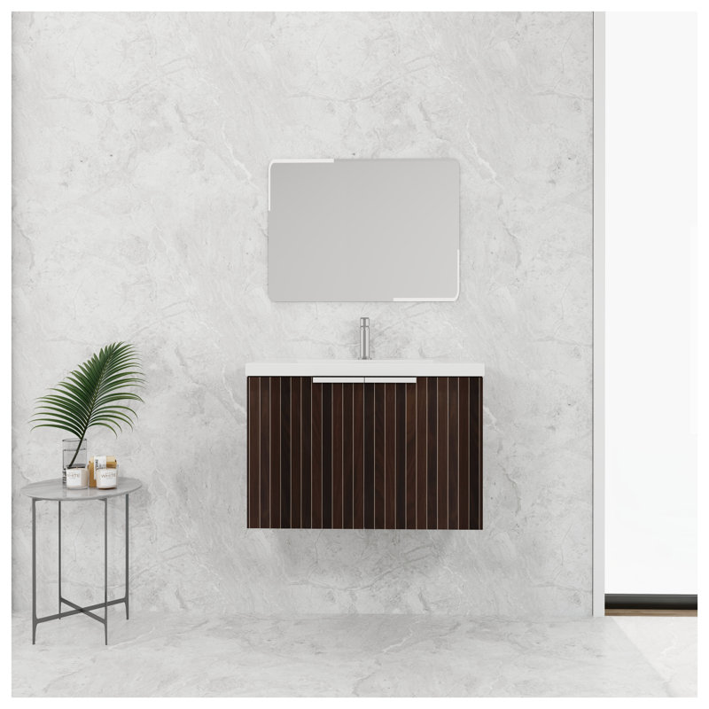 Meuble-lavabo 30 po avec lavabo en résine et portes à fermeture douce, armoire en contreplaqué à rayures brun argenté