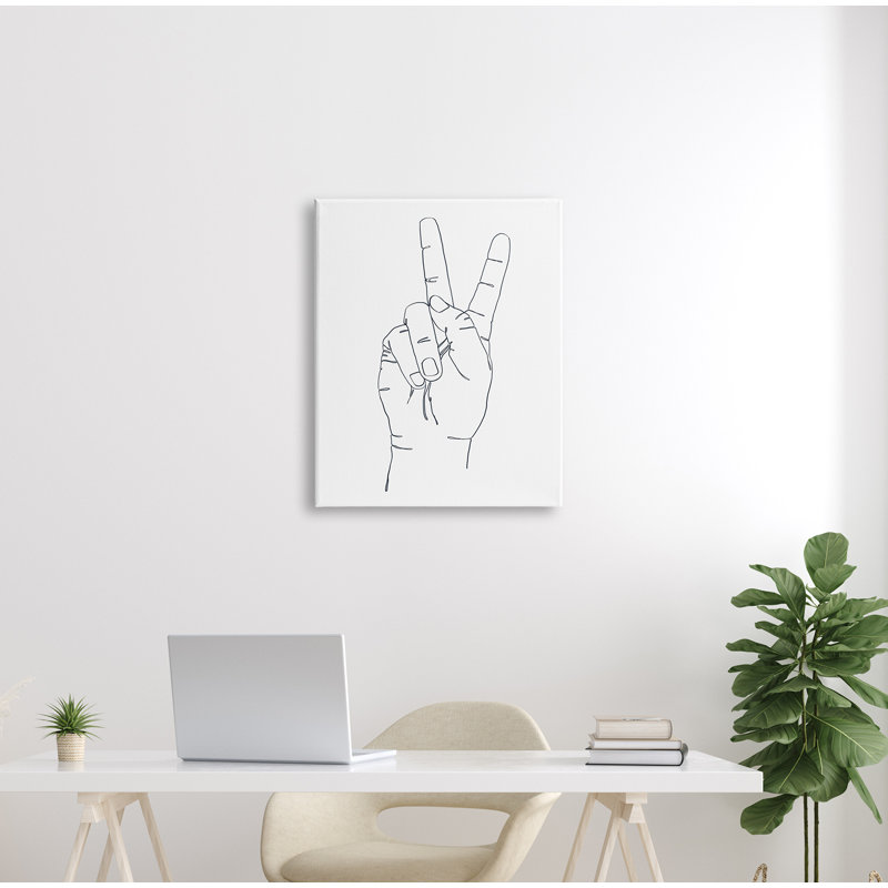 Main avec signe de paix - reproduction de dessin, H 30 po x l 24 po x 1,5 po, Toile tendue