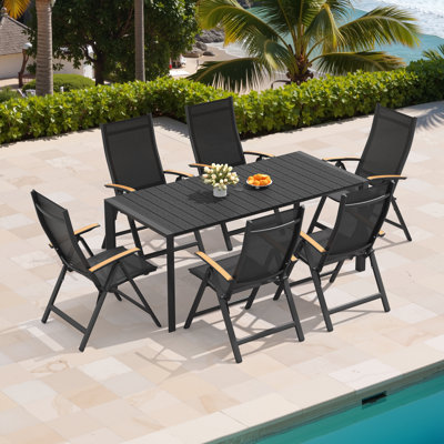 6 - Person Rectangular Aluminum Outdoor Dining Set with Umbrella Hole and Folded Reclining Armchairs