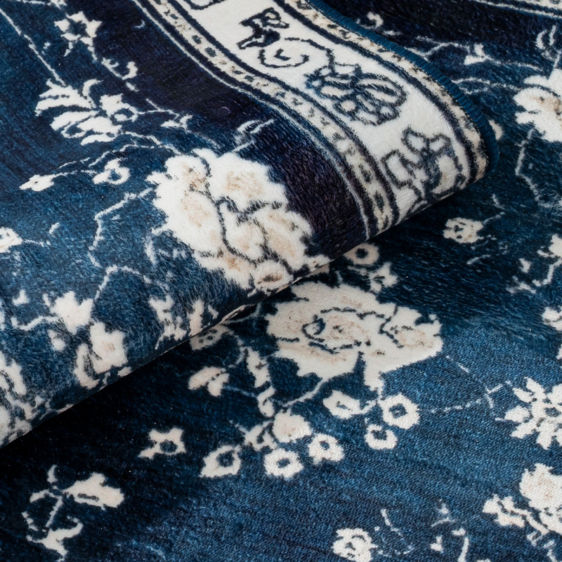 Non-Slip Floral Machine Washable Area Rug in Blue/Cream for Living Room, Bedroom, Hallway Runner Indoor Rugs