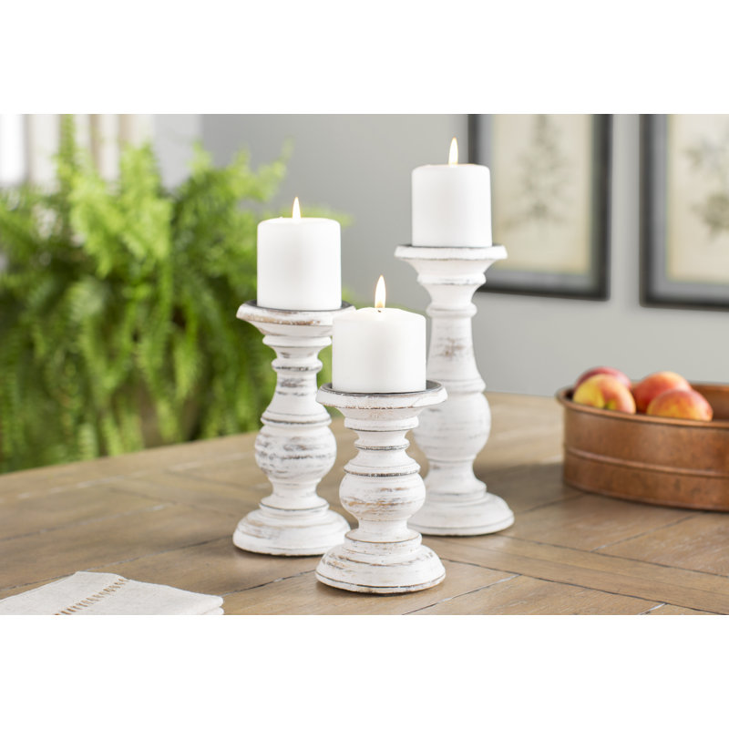 Mango Wood Turned Style Pillar Candle Holders, White/Rose Blush