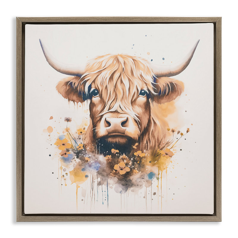 "Fancy Florals Highland Cow", art mural sur toile flottante par Andrea Haase, Cadre flottant orme Montalcino