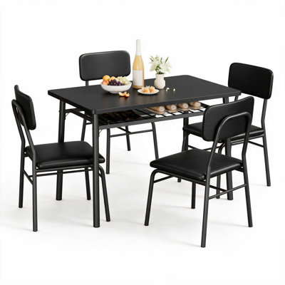 Ensemble de table de salle à manger 5 pièces peu encombrant, table rectangulaire en panneau de fibres à densité moyenne avec support de rangement et 4 chaises rembourrées, ensemble de cuisine en bois fini noir pour appartement