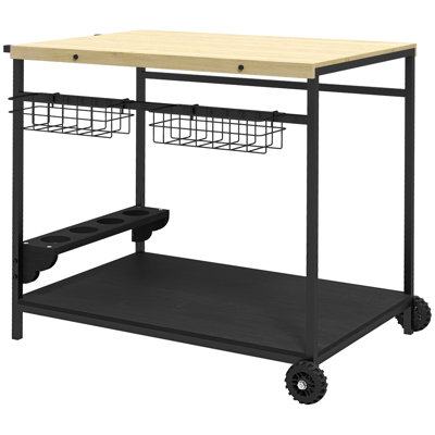 Outdoor Rolling Serving Cart With Wheels, Side Handle, 2 Shelves, And Wine Holders For Patio And Garden | Gift Idea