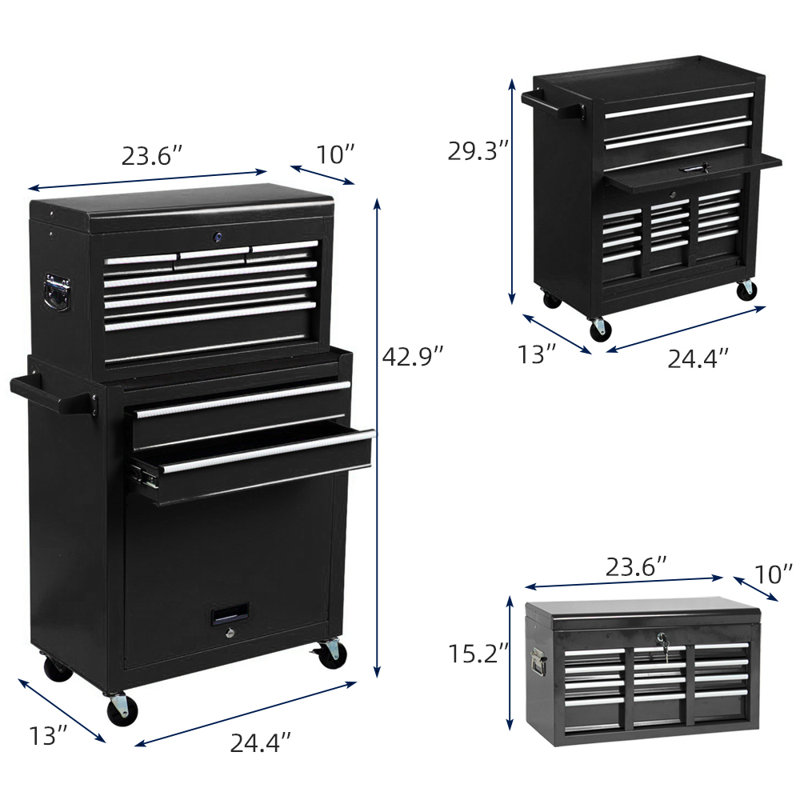 Edenburg 24.4'' W 8 -Drawer Stainless Steel Combination Set with Wheels, Black