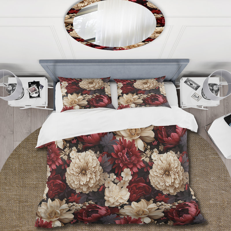 Ensemble de housse de couette à motif de pivoines rouges Renaissance II, Housse de couette pour très grand lit et 2 très