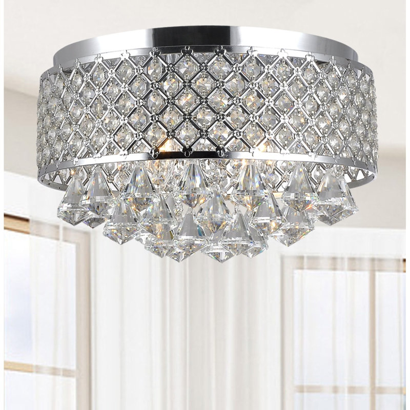 Plafonnier encastré à abat-jour rond en cristal 4 lumières 15 pouces Talbotton, Chrome chrome