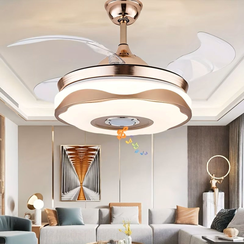 42" HHK Smart Home Shop Ceiling Fan With Crystal Light - Retractable Blades, 7-Color Dimmable LED, Reversible Golden Fan For Dining Room, Living Room, Bedroom, Ambient Lighting