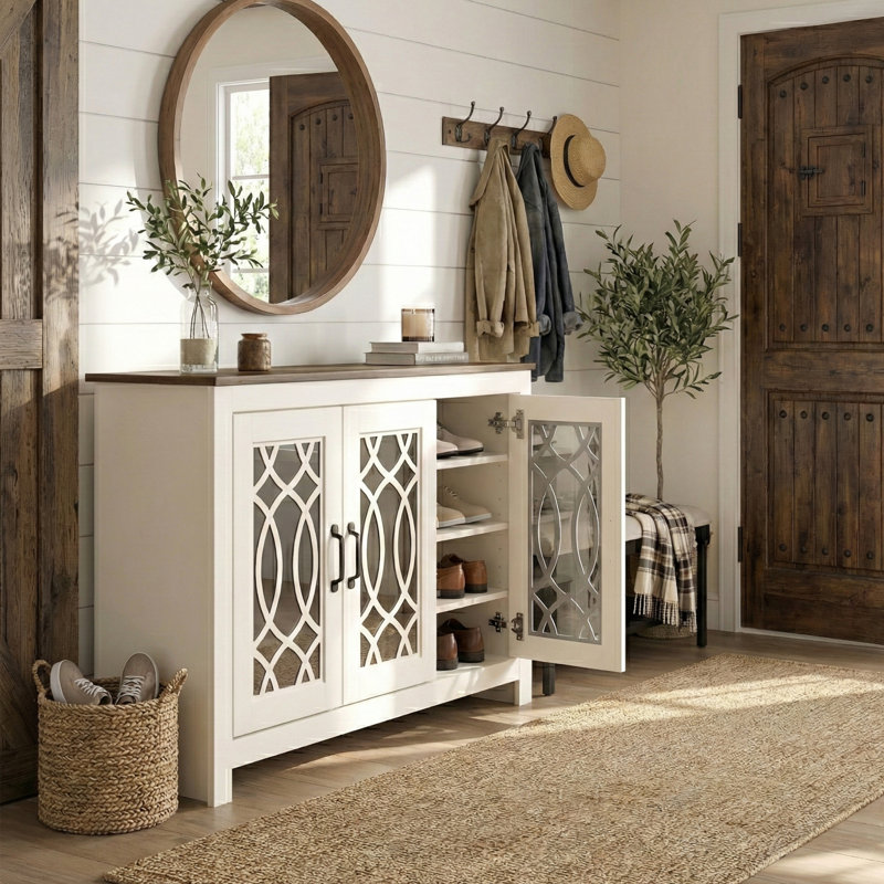 Allivia 16 Pair Shoe Storage Cabinet, Ivory/Knotty Oak
