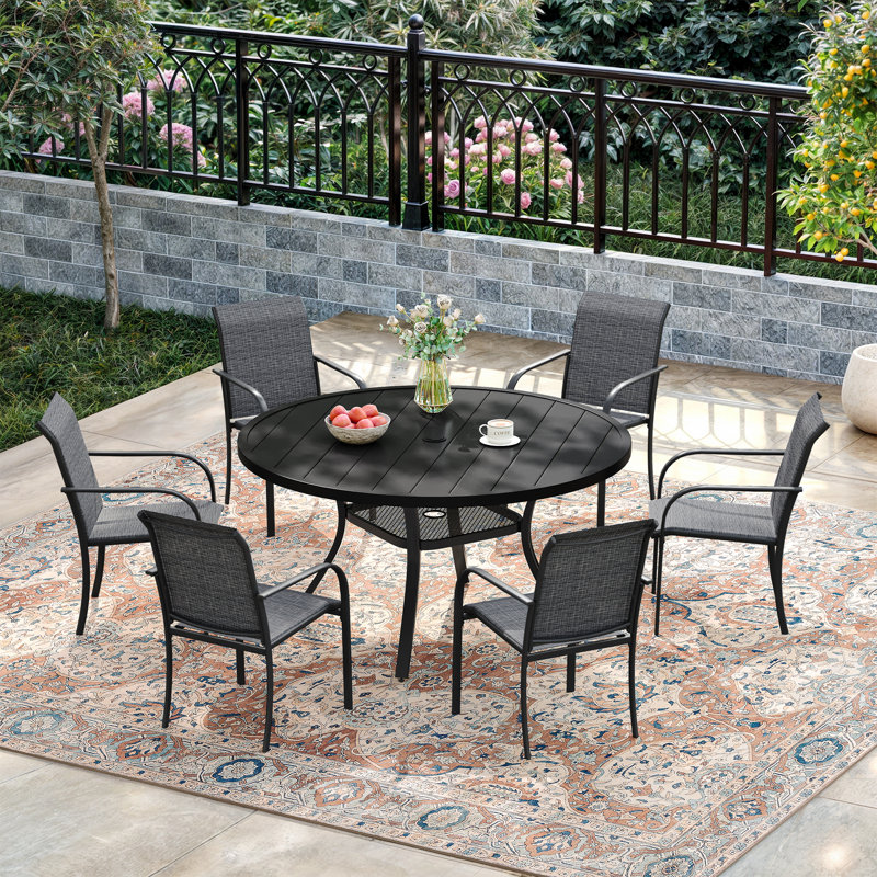 Ensemble repas d'extérieur pour 6 personnes avec chaises empilables, Noir/gris