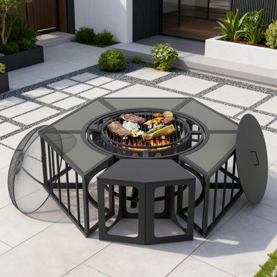Foyer d'extérieur 51 pouces avec barbecue et tables d'appoint à grain de bois