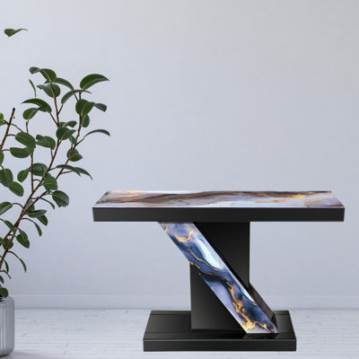 Mirrored Console Table 48" in Black With Marble Print Glass