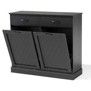 Double Tilt-Out 2x15 Gallons Hidden Garbage Trash Can Cabinet, Hidden Kitchen Trash Cabinet with Storage Drawer, Pet-Proof Wooden Garbage & Recycling Cabinet for Kitchen, Laundry & Living Room, White