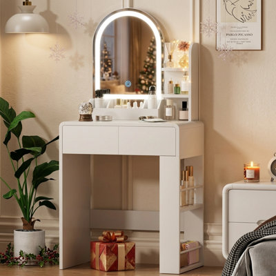 Bureau de coiffeuse compact avec miroir à DEL et 2 tiroirs, table de maquillage avec tablettes de rangement latérales, éclairage 3 couleurs, design incurvé moderne pour la chambre à coucher, blanc, cadeau idéal
