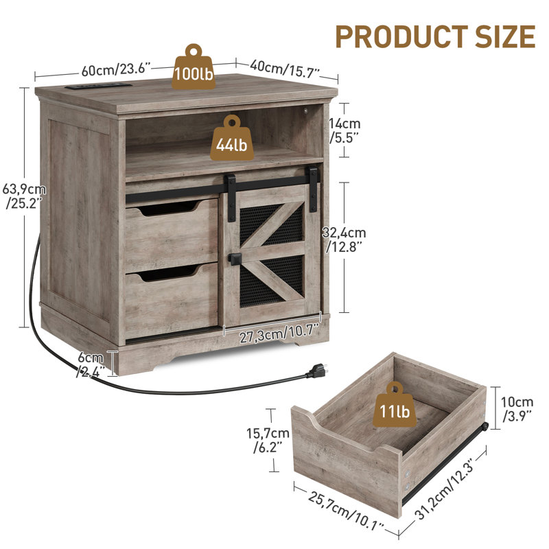 Brisson 23.6"W Farmhouse End Table with 2 Drawers and Charging Station, Gray