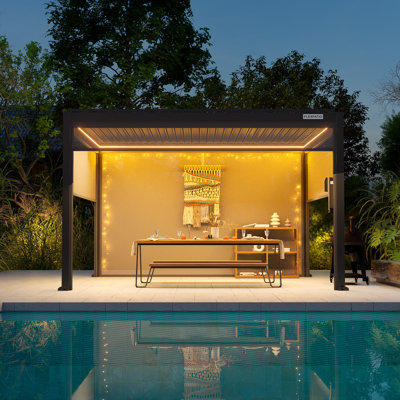 Pavillon de jardin permanent en métal L 10 pi. Pergola d'extérieur à persiennes motorisée D Power +