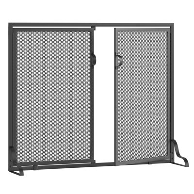 Fireplace Screen With Magnetic Doors, 2-Pannel Handcrafted Solid Wrought Iron Decorative Mesh Classic Fire Spark Guard Black 35" D X 11" Wx 28" H