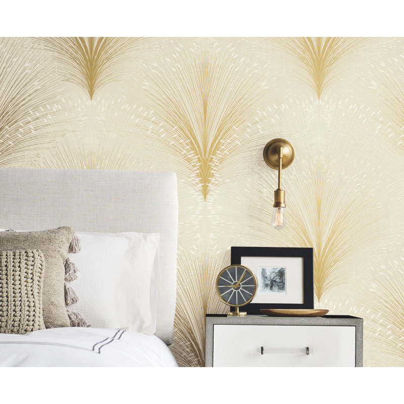 Papyrus Plume Floral Metallic Wallpaper Roll, Beige