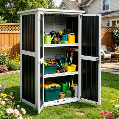 Outdoor Storage Shed With Wood And Metal Frame Waterproof Plastic Roof Adjustable Shelves And Ventilated Blinds