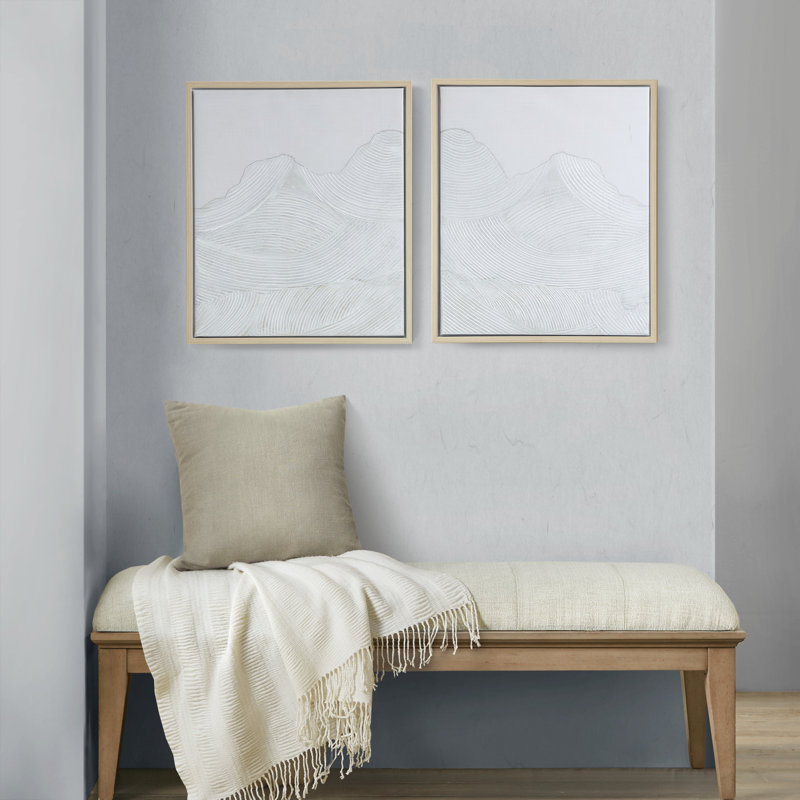 Ivory Hand Embellished Abstract Canvas Wall Art Set with Natural Wood Frame
