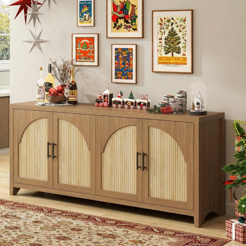 70" TV Stand with Storage, 4-Door Reeded Sideboard Buffet with Cord Management, Mid-Century Media Center TV Console Fits TVs Up to 75"