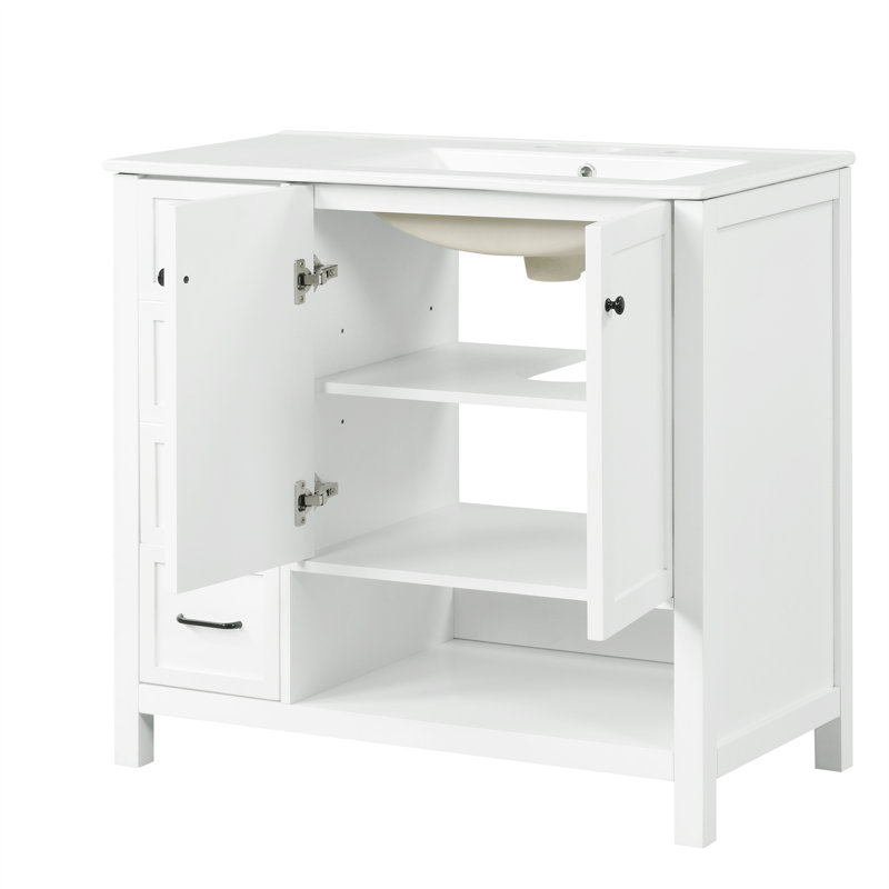Meuble-lavabo 36 po avec comptoir en céramique, meuble-lavabo avec deux portes et deux tiroirs, tablette ouverte, blanc