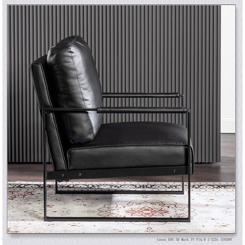 Chaise d'appoint Mid-Century à structure carrée en métal - Microfibre tachetée, similicuir noir, accoudoirs rembourrés, coussin épais